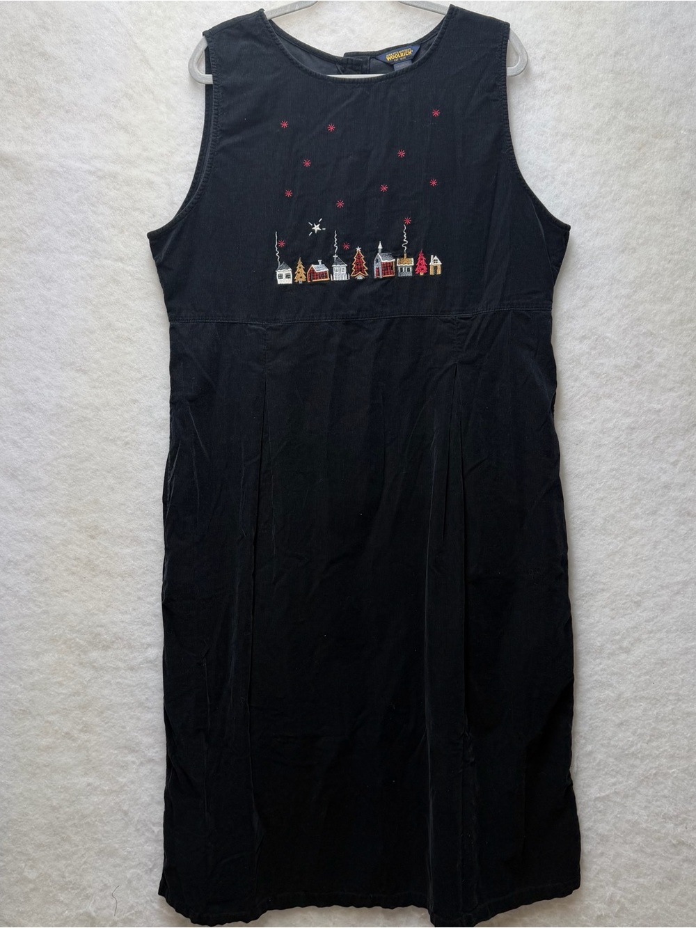 Vintage 90s Woolrich Black Corduroy Holiday Embroidered Jumper Dress XL